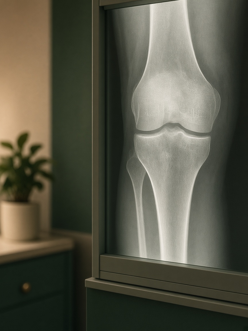 Knee radiograph on a clinical imaging lightbox